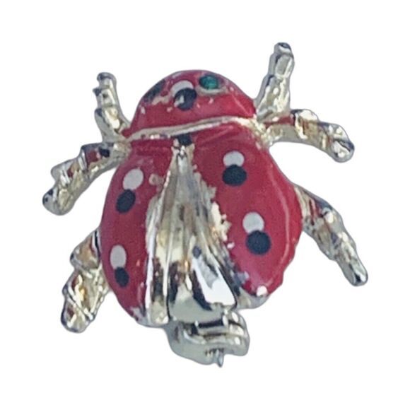 Vintage Red Ladybug Brooch Pin 1" Gold Tone Polka Dot Enamel Cute - Picture 6 of 8